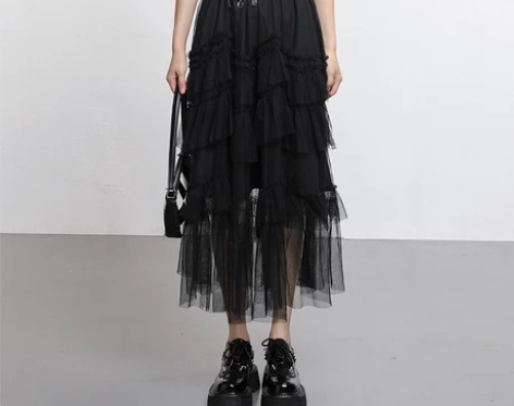 法式原创设计感蓬蓬蛋糕裙中长款高腰黑色网纱...