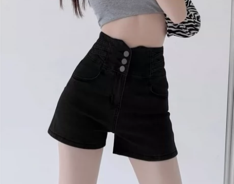 黑色高腰牛仔短裤女夏季2023年新款设计感...