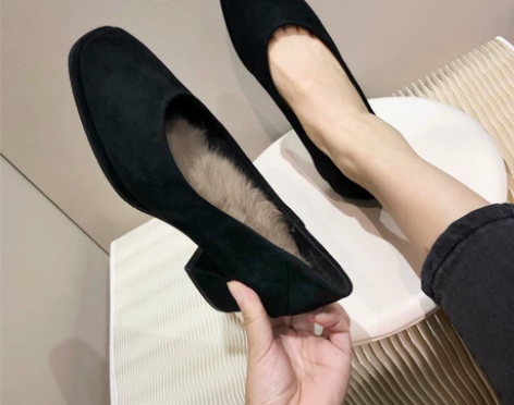 韩版新款加绒单鞋兔毛垫奶奶鞋女中粗跟网红工...