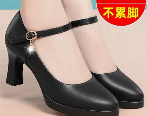防水台单鞋 防水台水钻真皮软底一字扣高跟走...