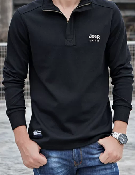 JEEP吉普正品立领长袖t恤纯棉商务男装旗...
