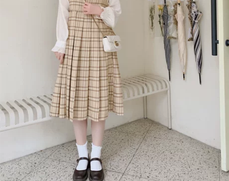 酒心定制小铺韩系少女复古格纹背带裙2021...