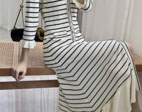 法式香风S家23春夏新款通勤条纹修身荷叶边...