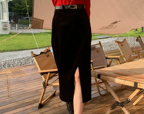 全新邦霓灯芯绒半身裙女直筒开叉中长款一步裙...