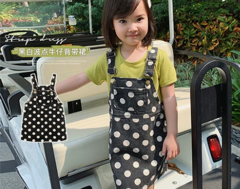 辰辰妈女童装夏季全棉黑白波点牛仔背带裙女宝...