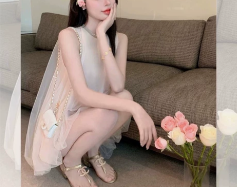 日落鎏金 绝美网纱花苞连衣裙女性感纯欲风超...