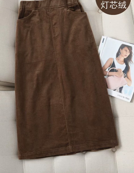 中长款灯芯绒半身裙女秋冬开叉棕色宽松显瘦松...