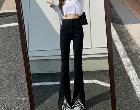 黑色微喇开叉牛仔裤女2022年新款拖地鱼尾...