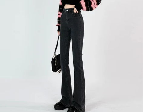 灰色微喇牛仔裤女秋冬高腰显瘦马蹄裤小个子修...