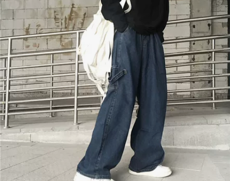 牛仔裤女春季ins深色水洗直筒阔腿长裤宽松...