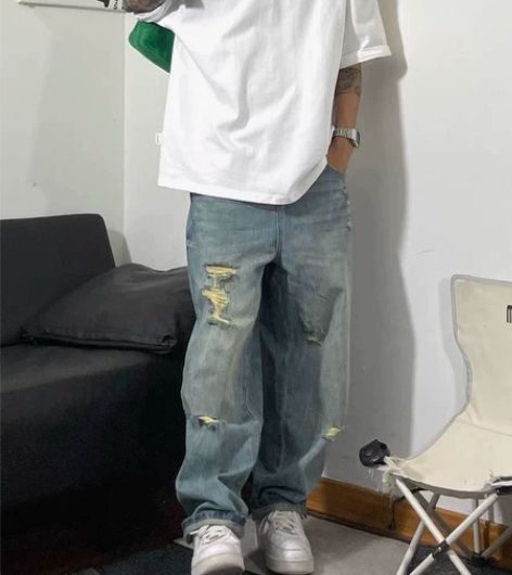 Kiitgo秋季新款破坏破洞潮流水洗做旧牛...