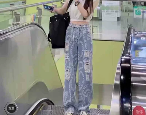 2021夏季新款网红高腰个性破洞垂感牛仔裤...