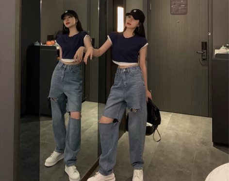 晶爷破洞牛仔裤女直筒宽松阔腿泫雅夏季潮割破...