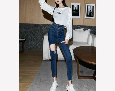 破洞牛仔裤女欧美辣妹风2022早秋季薄款高...