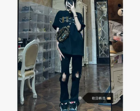 大码膝盖破洞毛边牛仔裤女胖mm夏季辣妹高腰...