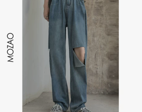 MZ卡扣破洞直筒牛仔裤女夏2021新款高腰...
