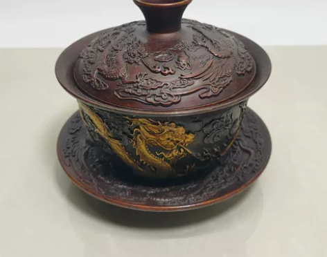 龙凤呈祥盖碗，茶杯 黄铜仿紫铜鎏金复古工艺...