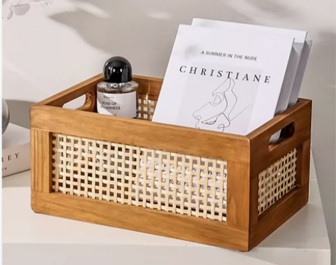 现货日式桌面实木收纳盒复古藤编收纳筐家居书...