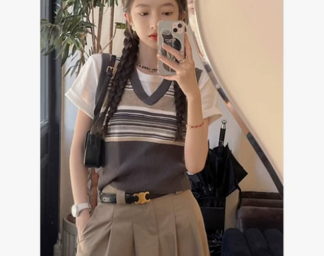 tootoo条纹撞色v领无袖针织背心女秋新...