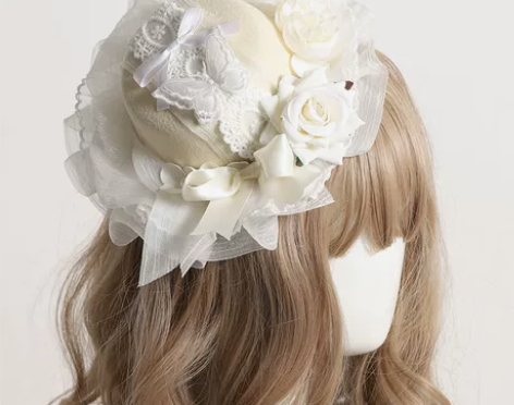 lolita日系优雅小礼帽手作玫瑰花生成白...