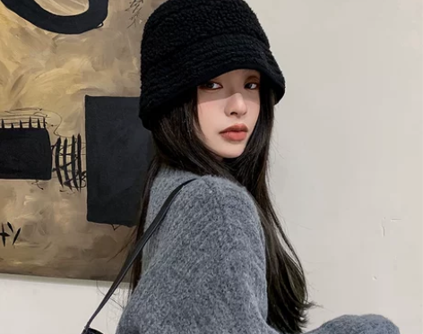 美欧慧日系复古羊羔毛渔夫帽韩系百搭盆帽子女...