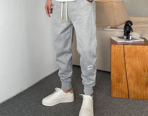 春秋美式潮牌运动裤男针织灰色束脚卫裤秋季男...