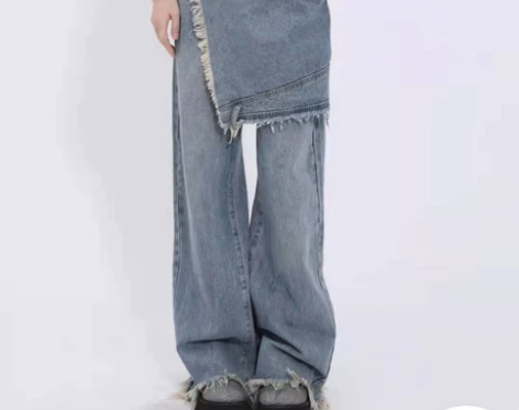 设计感雅痞裤牛仔裙裤女假两件大码女装胖妹妹...