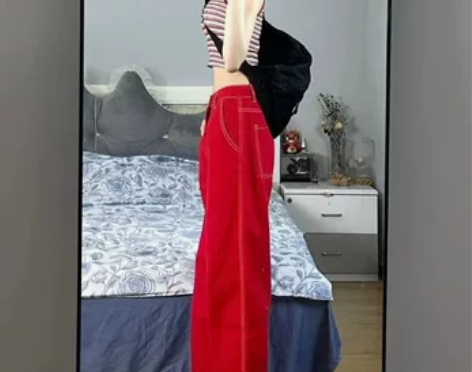 大码红色直筒牛仔裤女胖妹妹夏季新款高腰宽松...