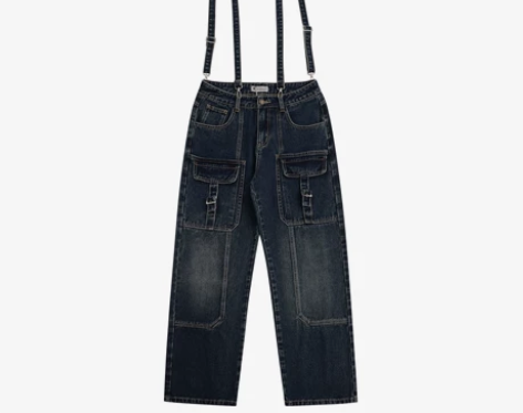 潮牌嘻哈工装裤重磅水洗蓝色牛仔裤男女宽松直...