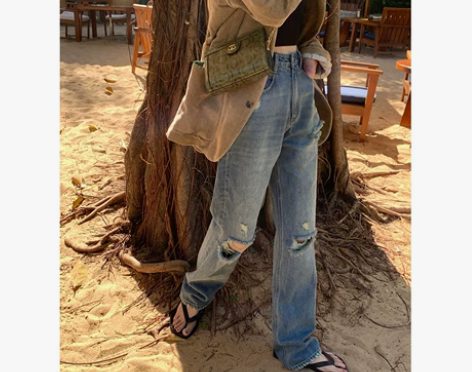 vcruan破洞直筒牛仔裤女2021破洞牛...