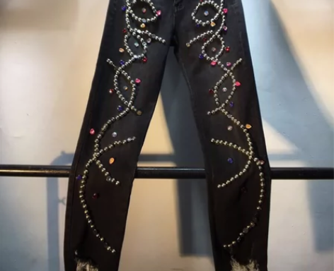 重工镶钻钉珠高腰弹力牛仔裤九分裤女 不议价...