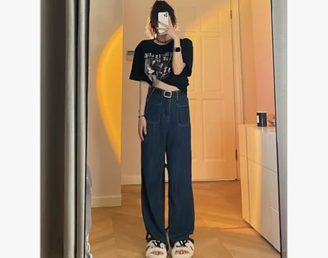 Seven4lee纸片人 深蓝色高腰牛仔裤...