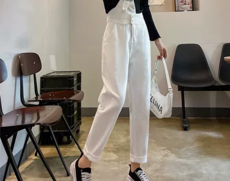 S码酷盐系单肩背带牛仔裤女韩版小众设计感法...