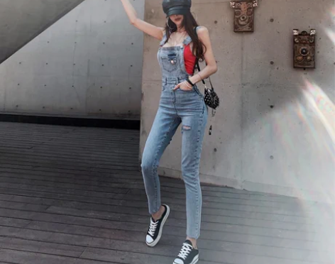 2020春夏季洋气减龄高腰显瘦牛仔背带裤女...