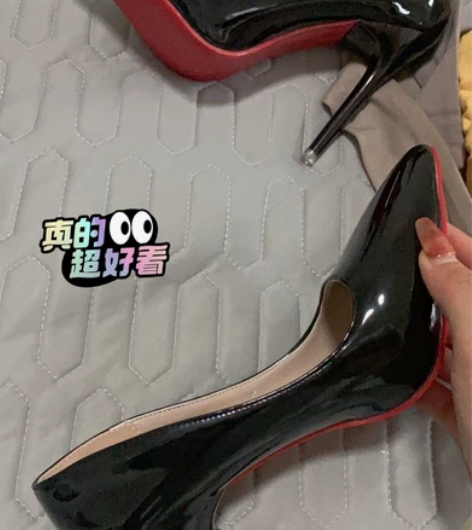 单鞋女10cm性感红底气质尖头细跟高跟鞋亮...