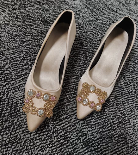 全新35码春夏香槟色高跟鞋中跟鞋单鞋女鞋包...