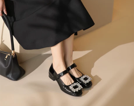【春节不打烊】复古方头水钻玛丽珍鞋女方钻粗...