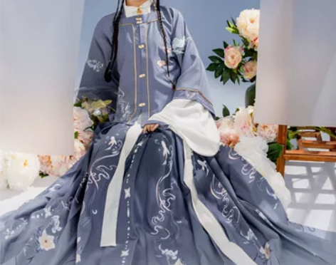 玉术原创汉服女繁花似锦明制方领半袖齐腰褶裙...