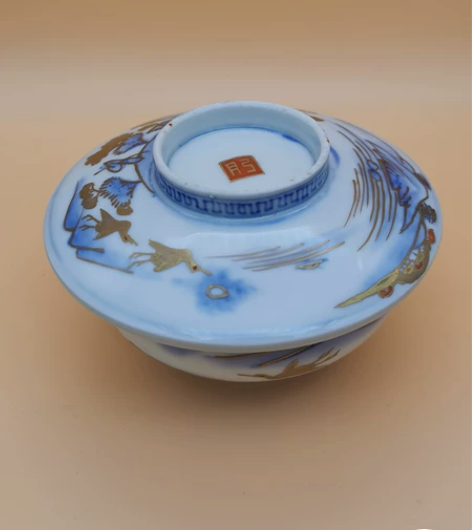 日本中古瓷，有田烧老肥钱盖碗，釉下青花，釉...