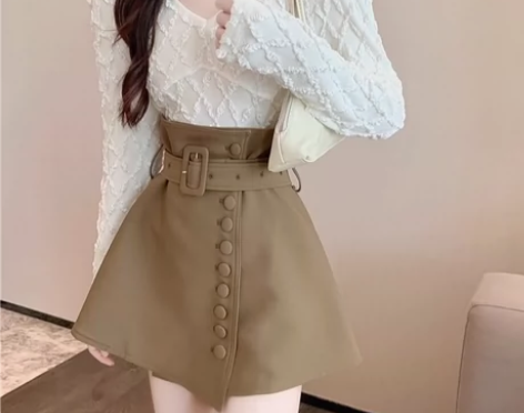 新款一片式纽扣高腰显瘦半身裙女设计感小众气...
