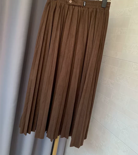 欧货半身裙秋冬丝绒百褶裙休闲松紧腰A字中长...