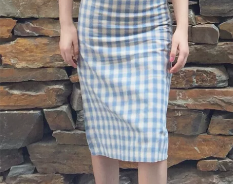 付邮送全新蓝格子半身裙一步裙雾霾蓝格子复古...