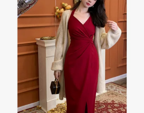 EIA一尧 复古挂脖吊带连衣裙女春季新款外...