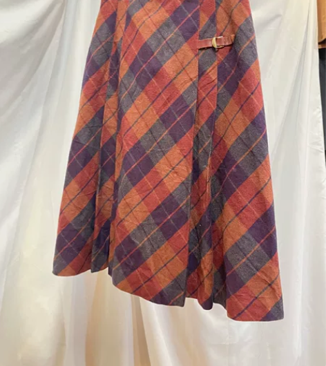 日本羊毛半身裙百褶裙子复古港风格子古着裙子...