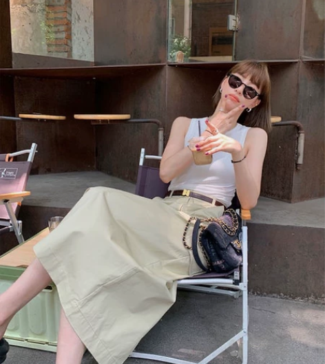 【13C】卡其色高腰半身裙女夏季新款纯色简...