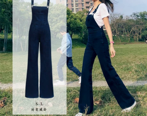 减龄高腰阔腿背带牛仔裤女 显瘦显高时髦收腰...