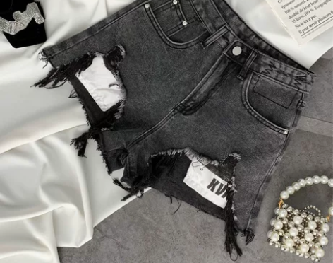 镂空设计不规则破洞牛仔短裤女2022夏季高...