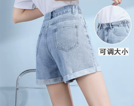 高腰卷边牛仔短裤女夏薄款2022新款浅色宽...