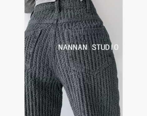 全新复古小众空气感编织牛仔裤女春秋显瘦高腰...