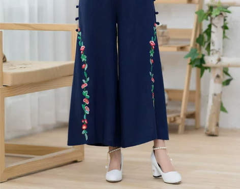 夏季新款阔腿裤盘扣棉麻裤中国民族风绣花大…...